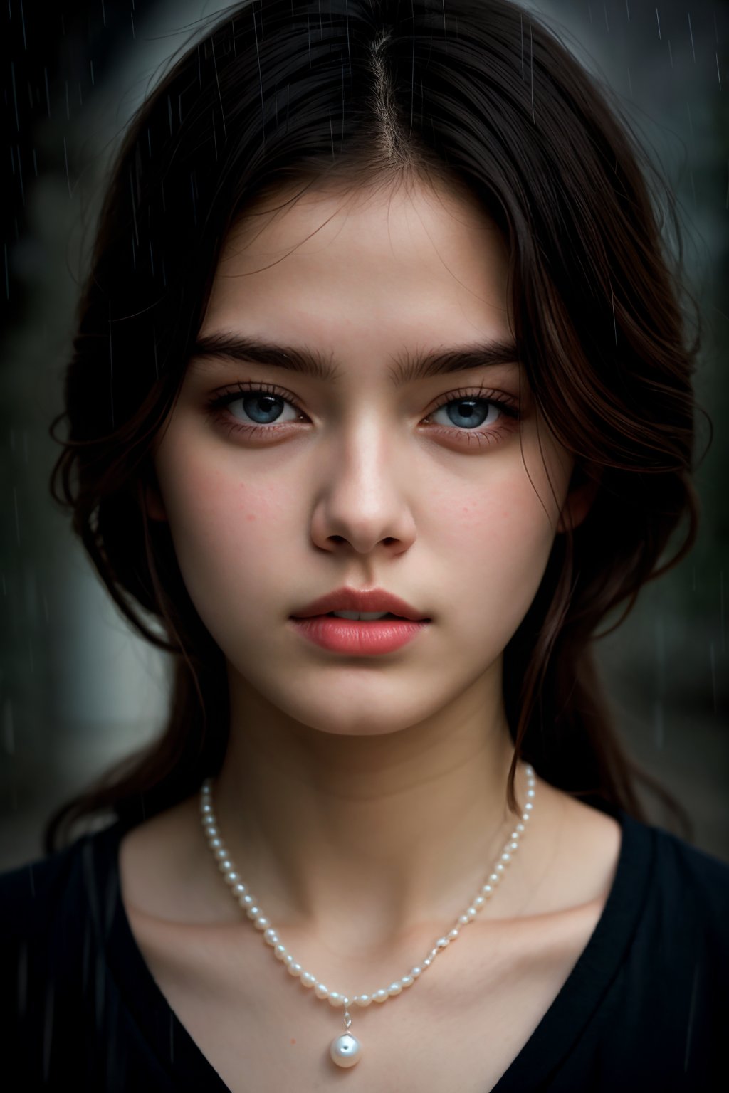 Masterpiece, 18 - year - old beautiful girl, beautiful eyes like pearl, extremely delicate facial depiction, heavy rain, medium shot, exaggerated perspective, poster, androgyny, fashion, dramatic lighting, strong tones, 32k UHD