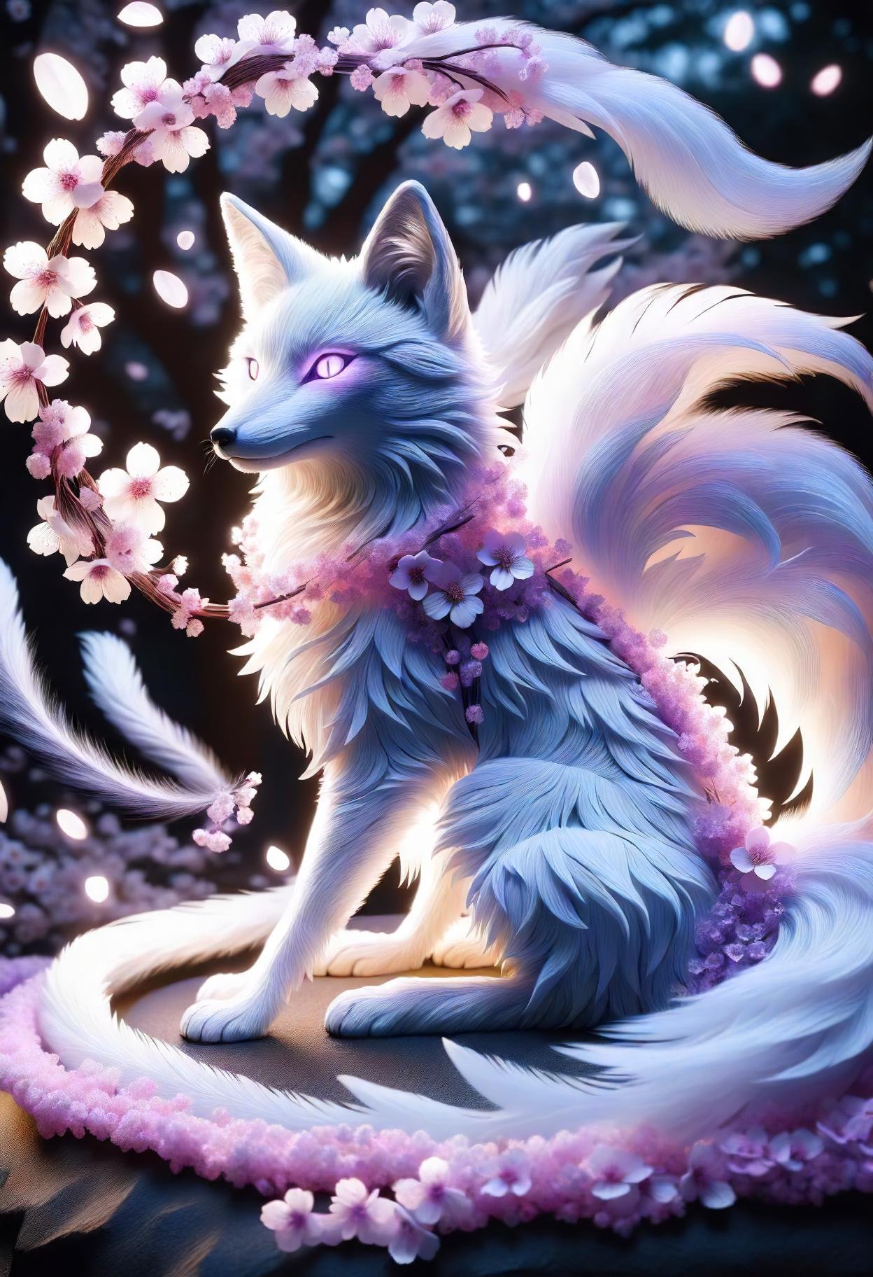 DonMS4kur4XL,sakura blossoms, female kitsune, fox spirit,fox with multiple tails, power, magical enchanting aura,supernatural alluring eyes white and red, intelligence, trickery,wisdom, supernatural feats, early twenties, curvy, indigenous peoples of the america, violet eyes,    underbite jaw, soft cheeks, high forehead,  well-formed back muscles,   , violet low ponytail hair, regret, engrossed in deciphering cryptic texts, surrounded by ancient scrolls, feathered wings     warlock, shadow magic , using a staff to amplify magical energy, connecting with its power, radiant aura   <lora:released\DonM3t3rn1tyXL-v1.1-000008:0.8><lora:myLora\DonMS4kur4XL-000006:0.8>