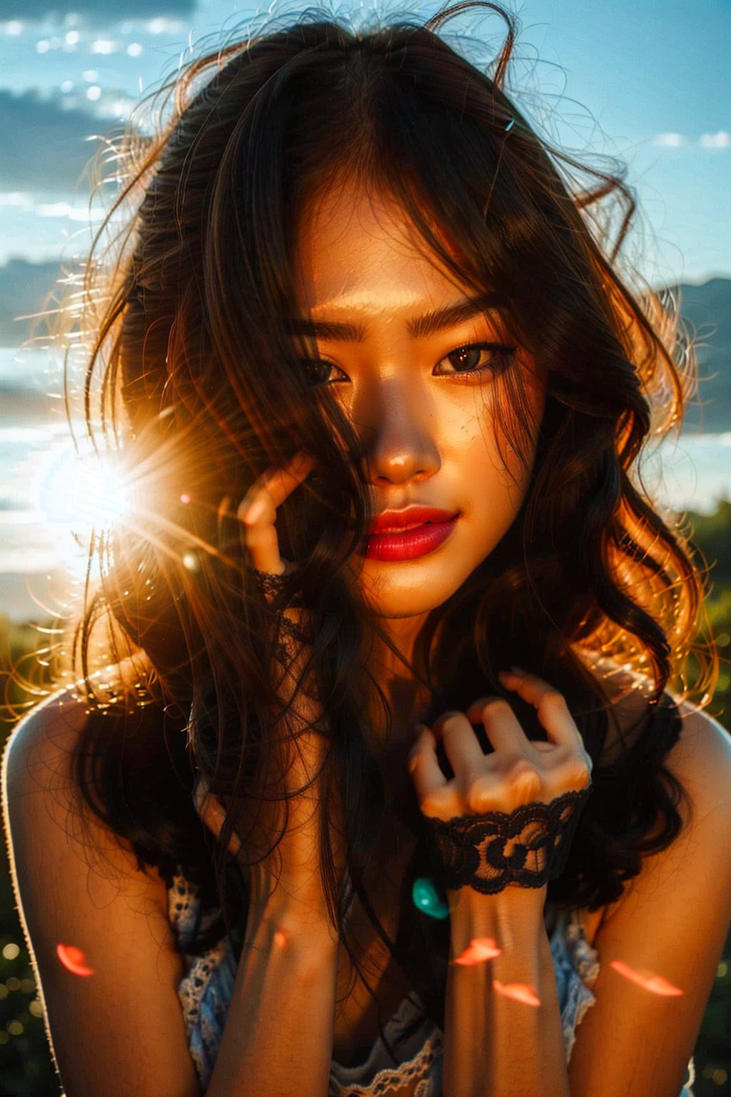(((masterpiece))), realistic, 3d render, medium dark colors, soft tones, lighting details,generates an image of a 20-year-old a single chinese girl, red lips, she leans forward and happy smile
Sunset , backlight, highlights of wavy hair, len flares , 
Sunbeams, magic hour sky
Nice fingers , one hand over head