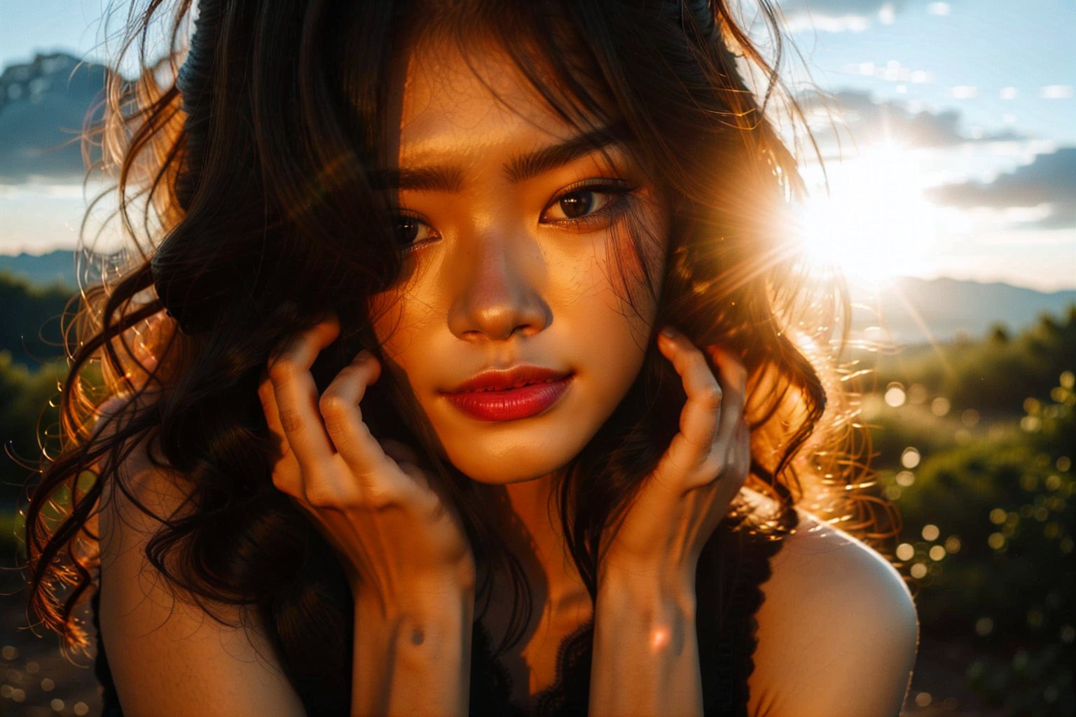 (((masterpiece))), realistic, 3d render, medium dark colors, soft tones, lighting details,generates an image of a 20-year-old a single chinese girl, red lips, she leans forward and happy smile
Sunset , backlight, highlights of wavy hair, len flares , 
Sunbeams, magic hour sky
Nice fingers , one hand over head