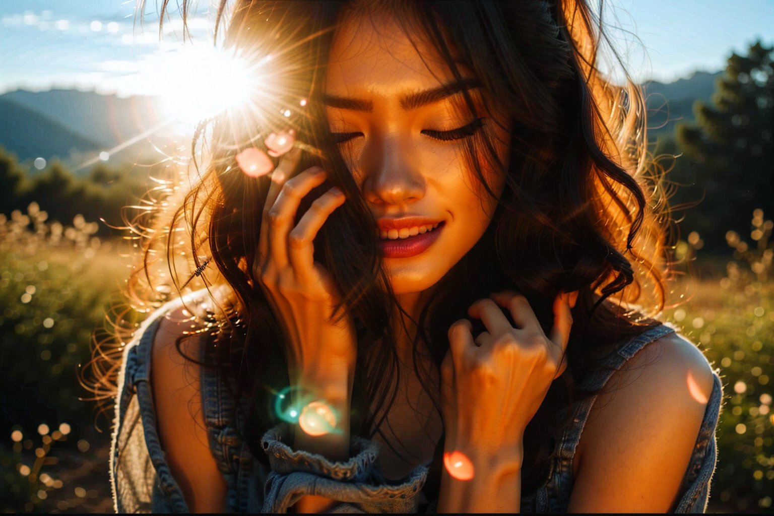 (((masterpiece))), realistic, 3d render, medium dark colors, soft tones, lighting details,generates an image of a 20-year-old girl, red lips, she leans forward and happy smile, eyes closed, brown short wavy hair
Sunset , backlight, highlights of wavy hair, len flares , 
Sunbeams, magic hour sky
Nice fingers , one hand over head