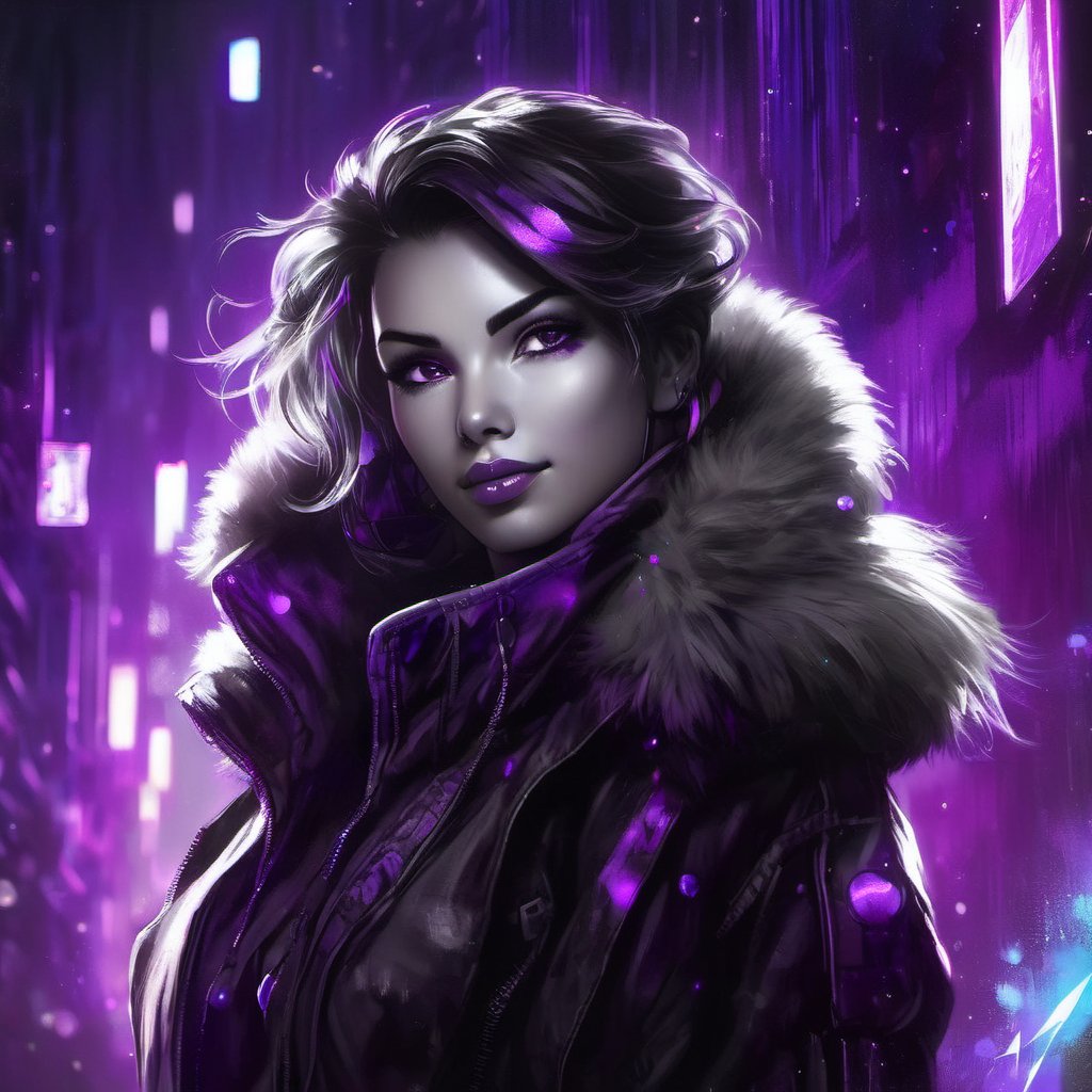 1girl, cyberpunk, fur trim jacket blowing in the wind, smirking, looking at viewer, selective color purple, colorpop glowing purple crystal, fine lines, ink sketch, white paint dots, highly detailed background setting, upward movement, dark fairytale mood, SelectiveColorStyle