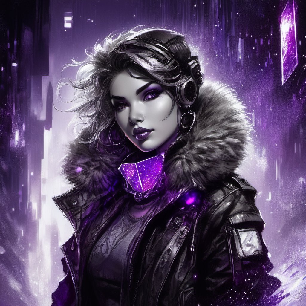 1girl, cyberpunk, fur trim jacket blowing in the wind, smirking, looking at viewer, selective color purple, colorpop glowing purple crystal, fine lines, ink sketch, white paint dots, highly detailed background setting, upward movement, dark fairytale mood,SelectiveColorStyle