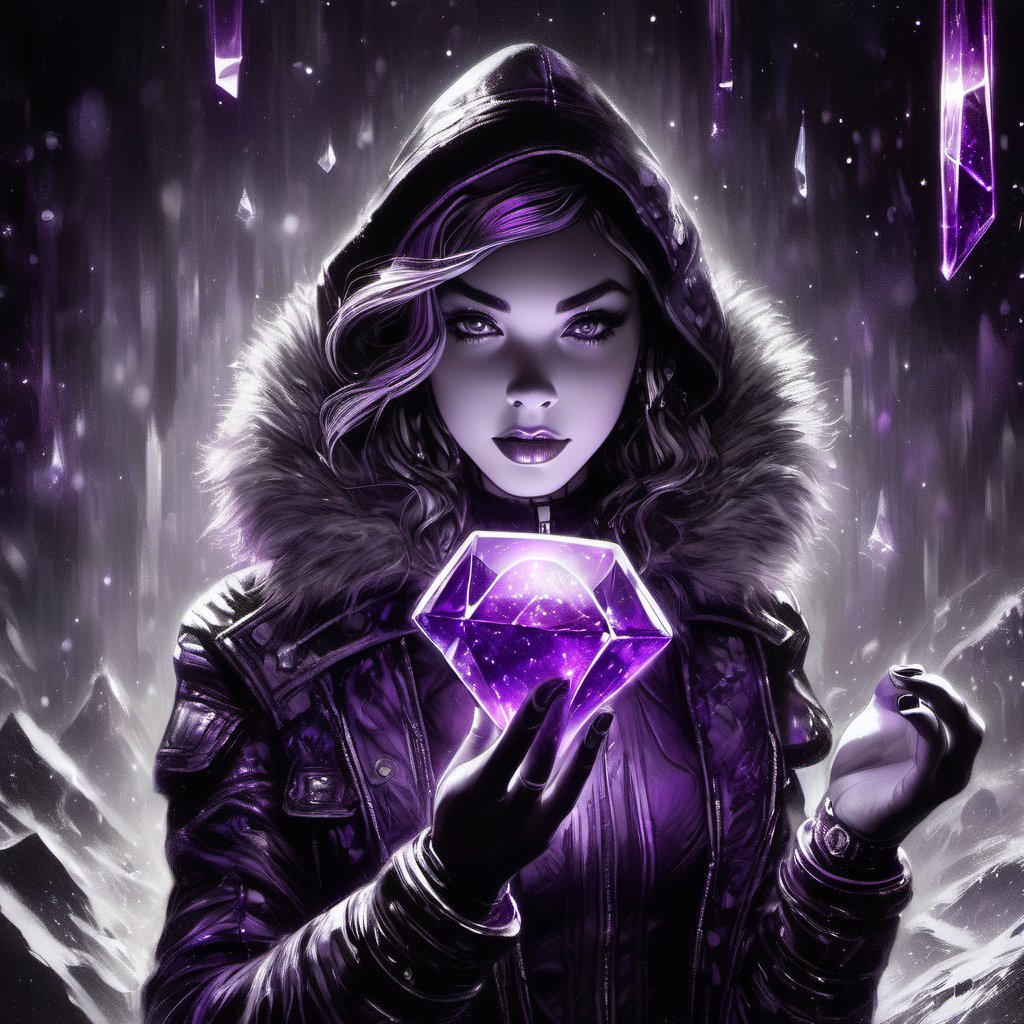 B&w, 1girl holding a floating purple crystal, cyberpunk, fur trim jacket blowing in the wind, smirking, looking at viewer, selective color, colorpop glowing purple crystal, fine lines, ink sketch, ((white paint dots)), white ink detailing, highly detailed background setting, upward movement, dark fairytale mood, sci-fi mood, dystopian mood,SelectiveColorStyle