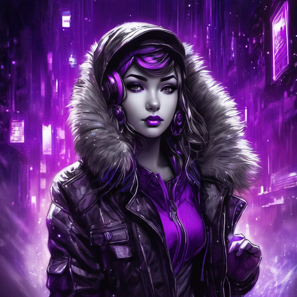 1girl, cyberpunk, fur trim jacket blowing in the wind, smirking, looking at viewer, selective color purple, colorpop glowing purple crystal, fine lines, ink sketch, white paint dots, highly detailed background setting, upward movement, dark fairytale mood, SelectiveColorStyle