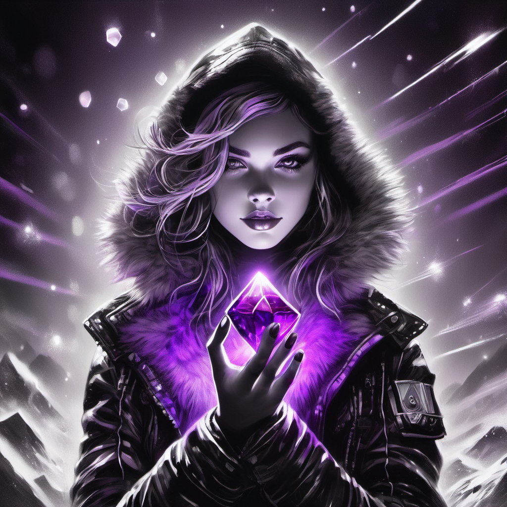 B&w, 1girl holding a floating purple crystal, cyberpunk, fur trim jacket blowing in the wind, smirking, looking at viewer, selective color, colorpop glowing purple crystal, fine lines, ink sketch, ((white paint dots)), white ink detailing, highly detailed background setting, upward movement, dark fairytale mood, sci-fi mood, dystopian mood,SelectiveColorStyle