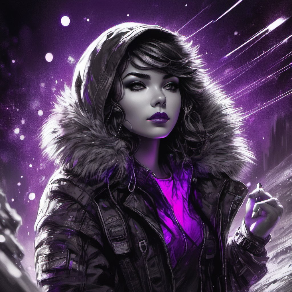 1girl, cyberpunk, fur trim jacket blowing in the wind, smirking, looking at viewer, selective color purple, colorpop glowing purple crystal, fine lines, ink sketch, white paint dots, highly detailed background setting, upward movement, dark fairytale mood, SelectiveColorStyle,SelectiveColorStyle