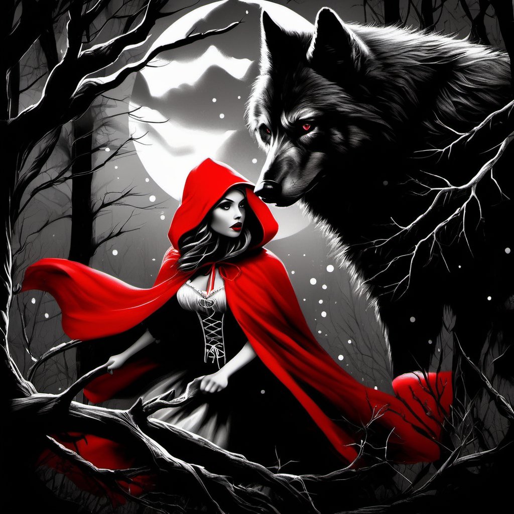 B&w 1colorpop, red riding hood and the big bad werewolf, twisted branches, fine lines, ((white paint dots)), white ink detailing, highly detailed background setting, moody atmosphere, SelectiveColorStyle