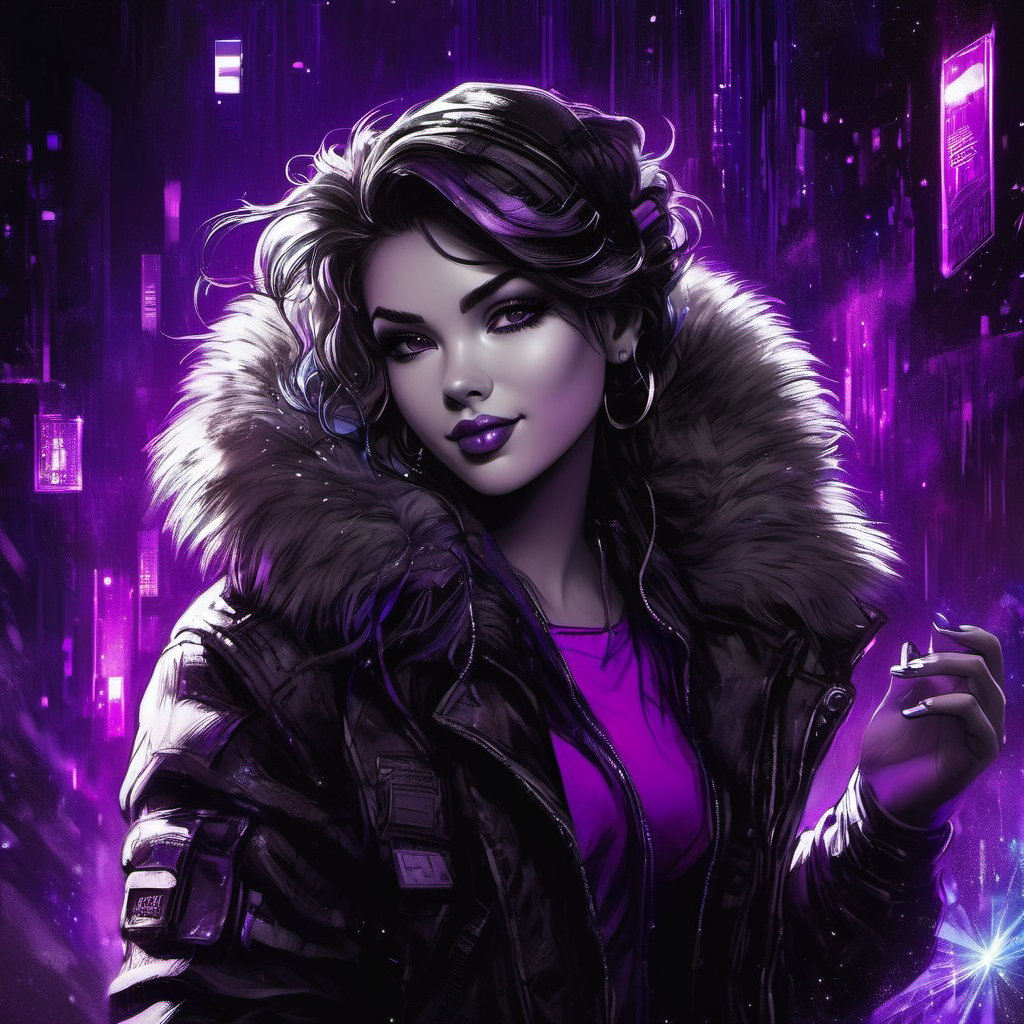 1girl, cyberpunk, fur trim jacket blowing in the wind, smirking, looking at viewer, selective color purple, colorpop glowing purple crystal, fine lines, ink sketch, white paint dots, highly detailed background setting, upward movement, dark fairytale mood, SelectiveColorStyle,SelectiveColorStyle