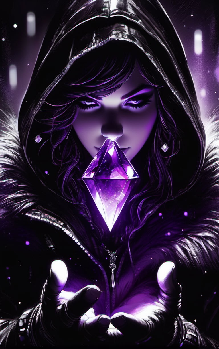 B&w, 1girl holding a floating purple crystal, cyberpunk, fur trim jacket blowing in the wind, smirking, looking at viewer, selective color, colorpop glowing purple crystal, fine lines, ink sketch, ((white paint dots)), white ink detailing, highly detailed background setting, upward movement, dark fairytale mood, sci-fi mood, dystopian mood,SelectiveColorStyle