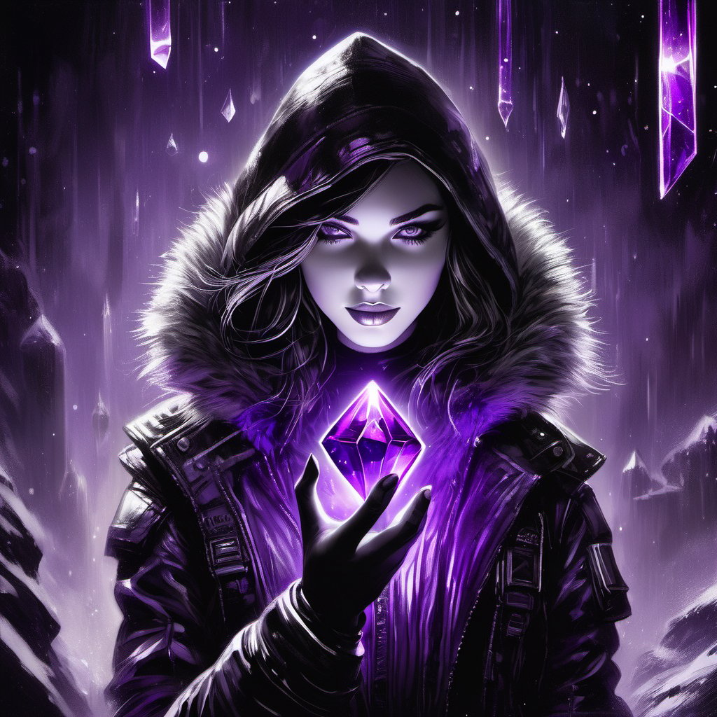 B&w, 1girl holding a floating purple crystal, cyberpunk, fur trim jacket blowing in the wind, smirking, looking at viewer, selective color, colorpop glowing purple crystal, fine lines, ink sketch, ((white paint dots)), white ink detailing, highly detailed background setting, upward movement, dark fairytale mood, sci-fi mood, dystopian mood,SelectiveColorStyle