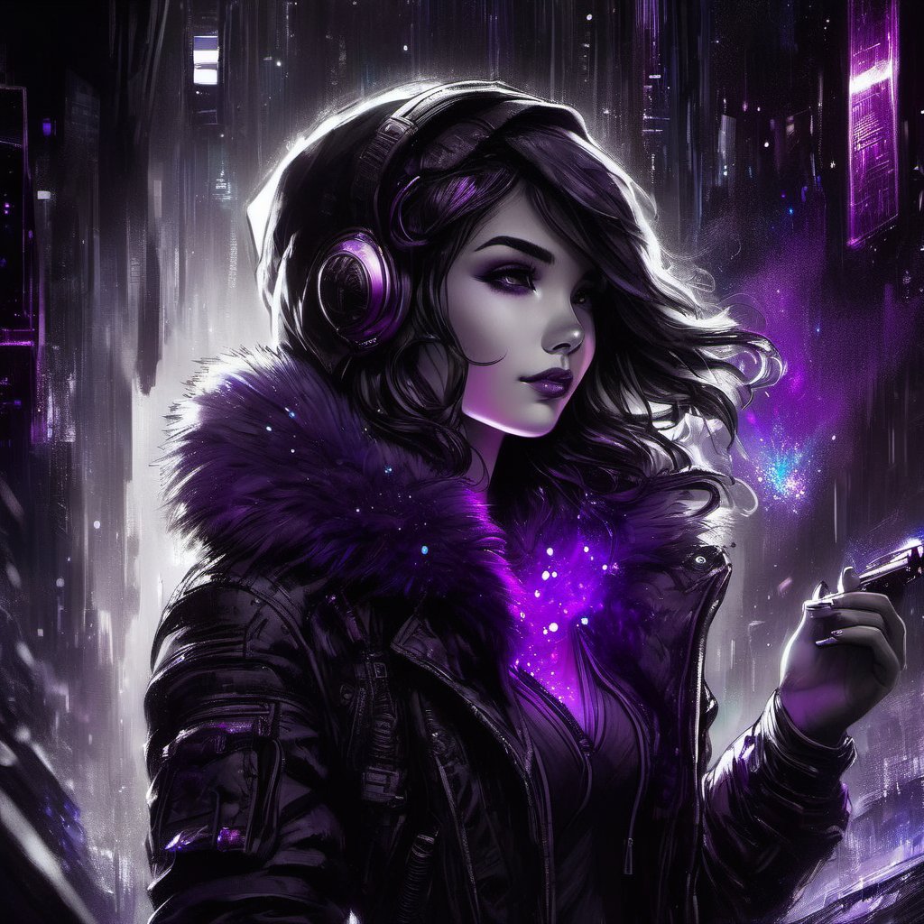 1girl, cyberpunk, fur trim jacket blowing in the wind, smirking, looking at viewer, selective color purple, colorpop glowing purple crystal, fine lines, ink sketch, white paint dots, highly detailed background setting, upward movement, dark fairytale mood, SelectiveColorStyle,SelectiveColorStyle