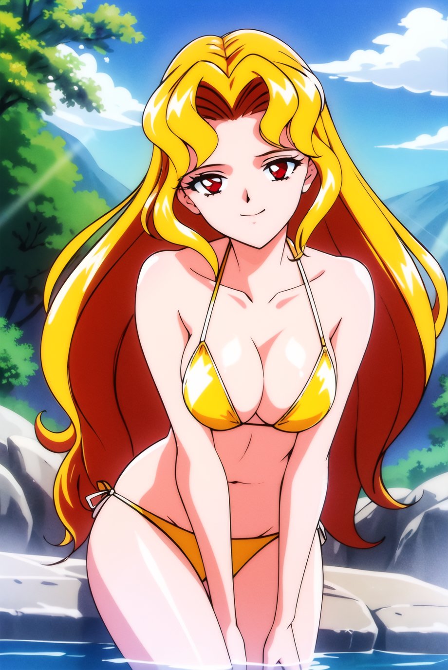 masterpiece,best quality,highres,<lora:Galaxia1:0.6>,Galaxia1,1girl,solo,long hair,red eyes,retro artstyle,blonde hair,red hair,1990s \(style\),multicolored hair,very long hair,looking at viewer,cowboy shot,bikini,onsen,in water,smile,hand between legs,