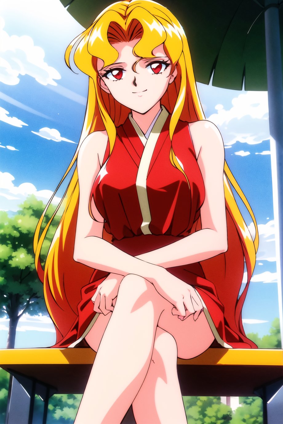 masterpiece,best quality,highres,<lora:Galaxia1:0.6>,Galaxia1,1girl,solo,long hair,red eyes,retro artstyle,blonde hair,red hair,1990s \(style\),multicolored hair,very long hair,looking at viewer,light smile,park,sitting,crossed legs,traditional clothes,bench,park bench,