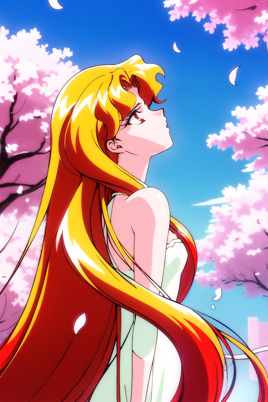 masterpiece,best quality,highres,<lora:Galaxia1:0.6>,Galaxia1,1girl,solo,long hair,red eyes,retro artstyle,blonde hair,red hair,1990s \(style\),multicolored hair,very long hair,bare shoulders,cowboy shot,cherry blossoms,falling petals,