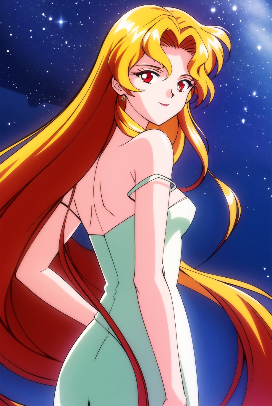 masterpiece,best quality,highres,<lora:Galaxia1:0.6>,Galaxia1,1girl,solo,long hair,red eyes,retro artstyle,blonde hair,red hair,1990s \(style\),multicolored hair,very long hair,bare shoulders,cowboy shot,starry sky,night,looking back,smile,