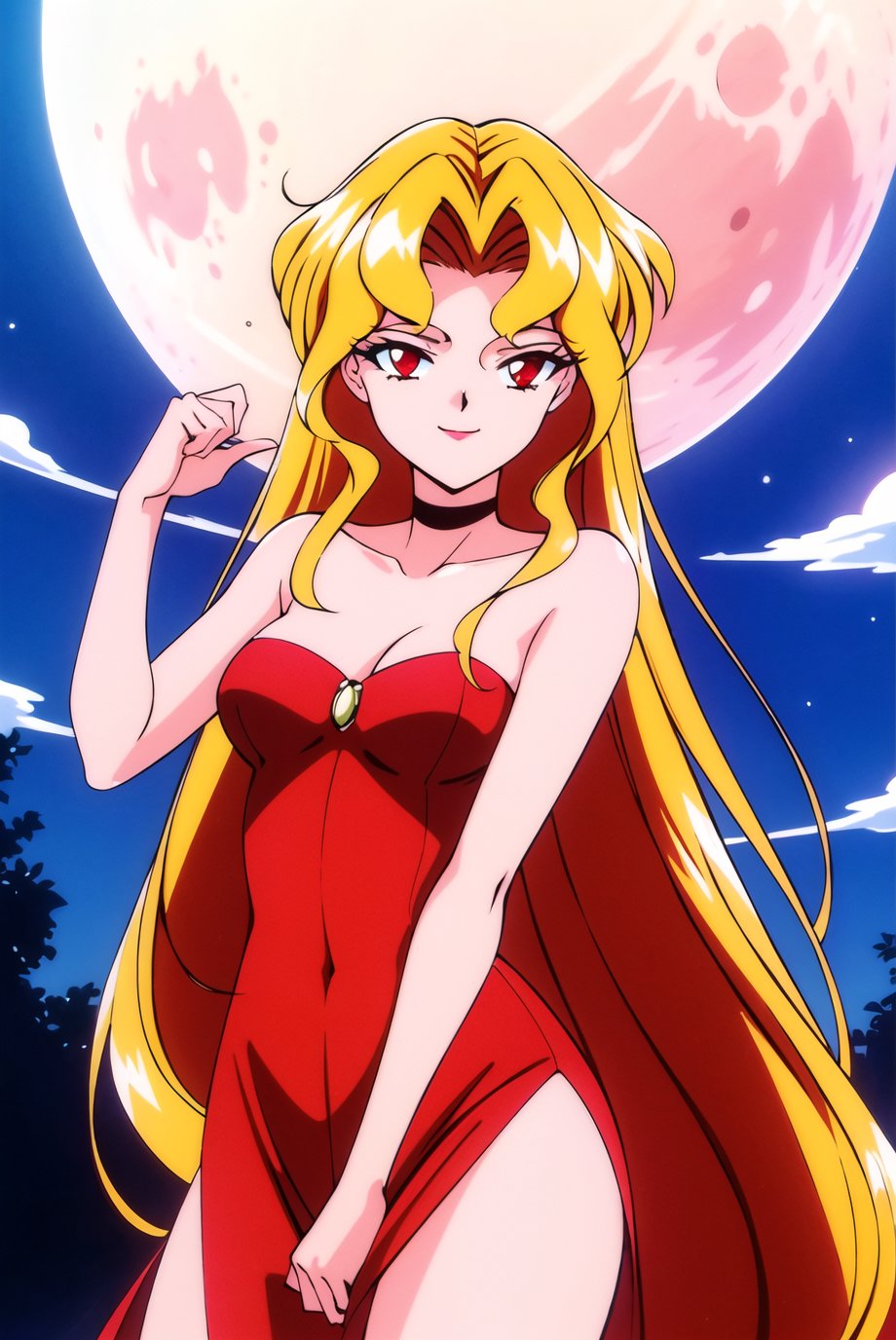 masterpiece,best quality,highres,<lora:Galaxia1:0.6>,Galaxia1,1girl,solo,long hair,red eyes,retro artstyle,blonde hair,red hair,1990s \(style\),multicolored hair,very long hair,looking at viewer,evil smile,night,moonlight,lunar eclipse,outdoors,cowboy shot,gesture,