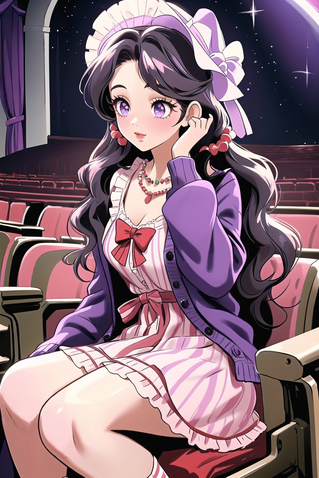 1girl, adapted costume, beads, cardigan, dress, eyelashes, frilled hat, hair beads, jewelry, 
lace-trimmed dress, movie theater, necklace, on chair, purple cardigan, red bow, shirt, theater seating, unworn headwear, vertical-striped clothes, wavy hair, 