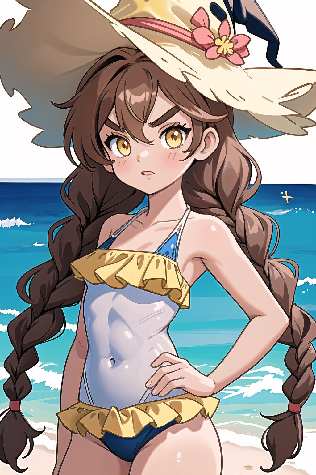 1girl, abs, beach, chibi, day, emphasis lines, frilled bikini, gameplay mechanics, hair between eyes, light brown hair, numbered panels, one-piece swimsuit, sand, twin braids, v-shaped eyebrows, witch hat, yellow eyes