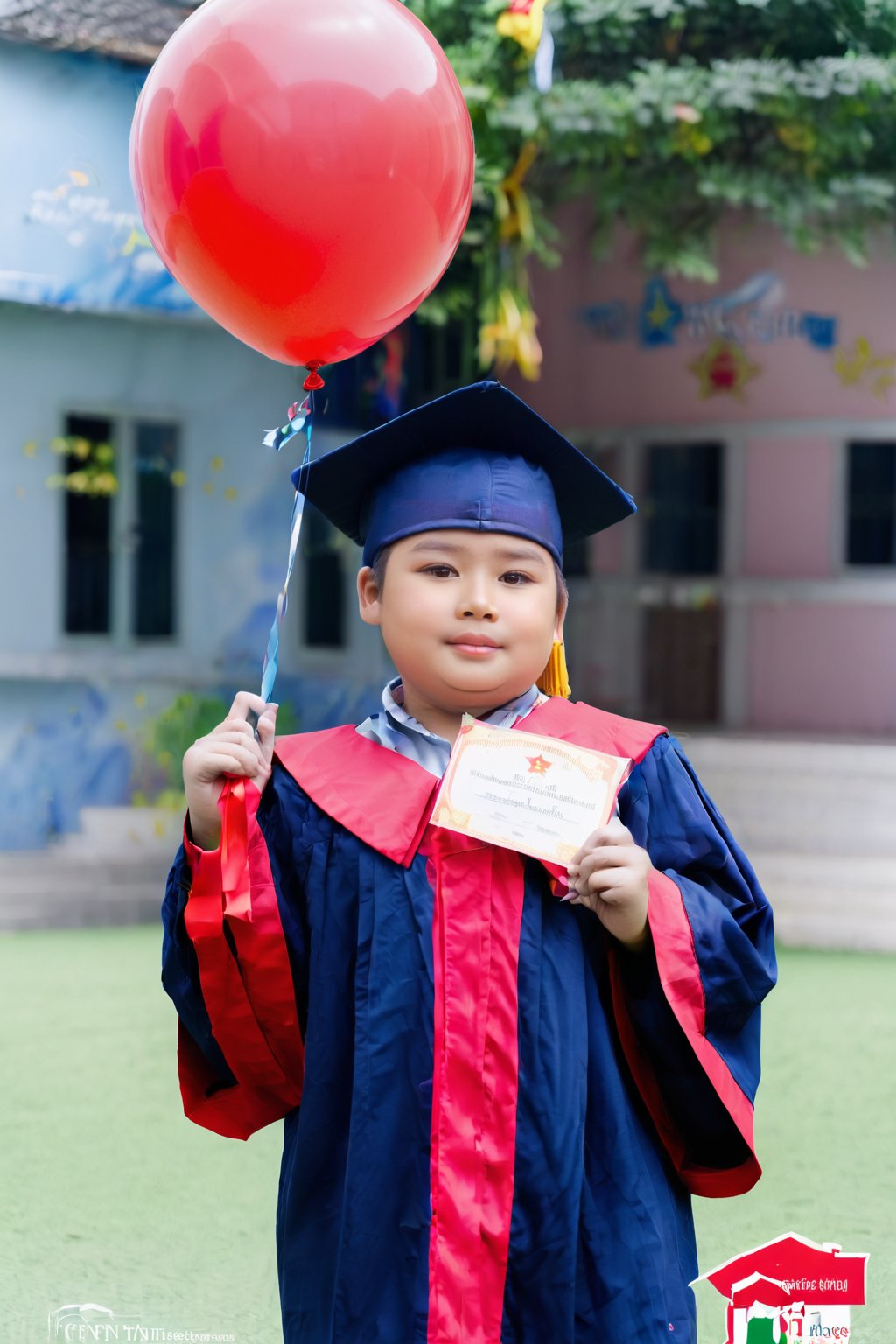 A Vietnamese boy,10 years in school uniform at his primary school graduation with certificate and ballon flying on the sky.,boy,child,more detail XL