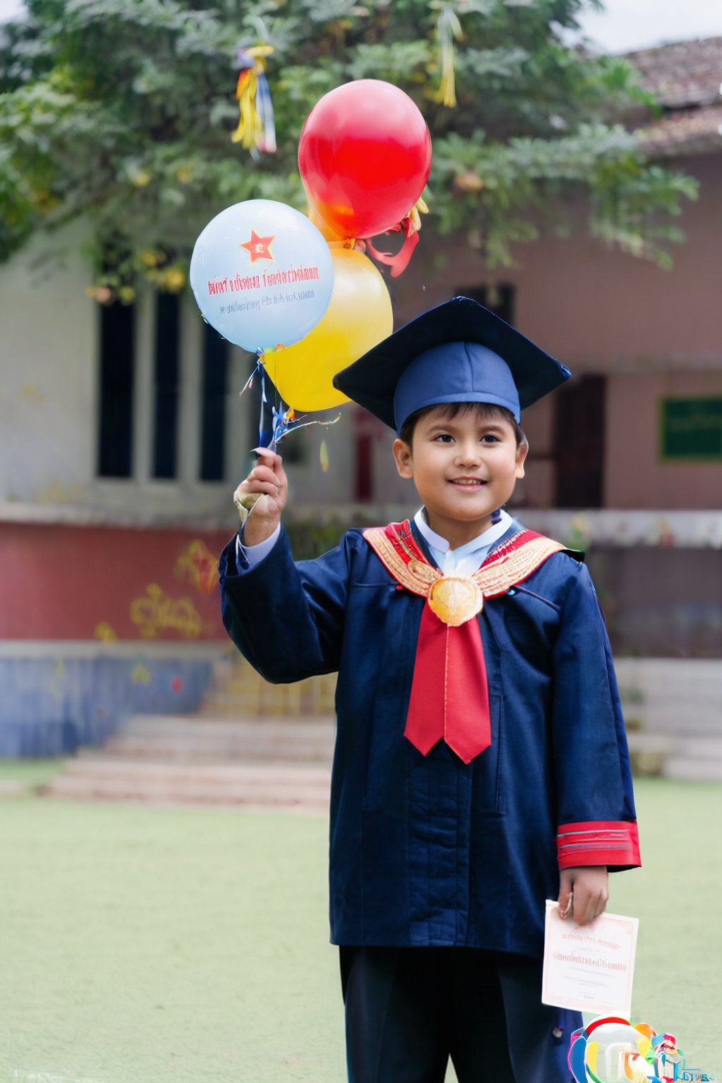 A 10-year-old Vietnamese boy in his school uniform at his primary school graduation, holding a certificate and a balloon flying in the sky..,boy,child,more detail XL