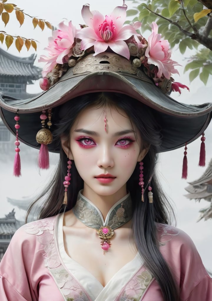 Traditional Chinese painting style,city,unimaginable beauty,photo of [ghoul_woman],[pink eyes_1.067],round floral framed,[pirate hat_0.752],insanely detailed