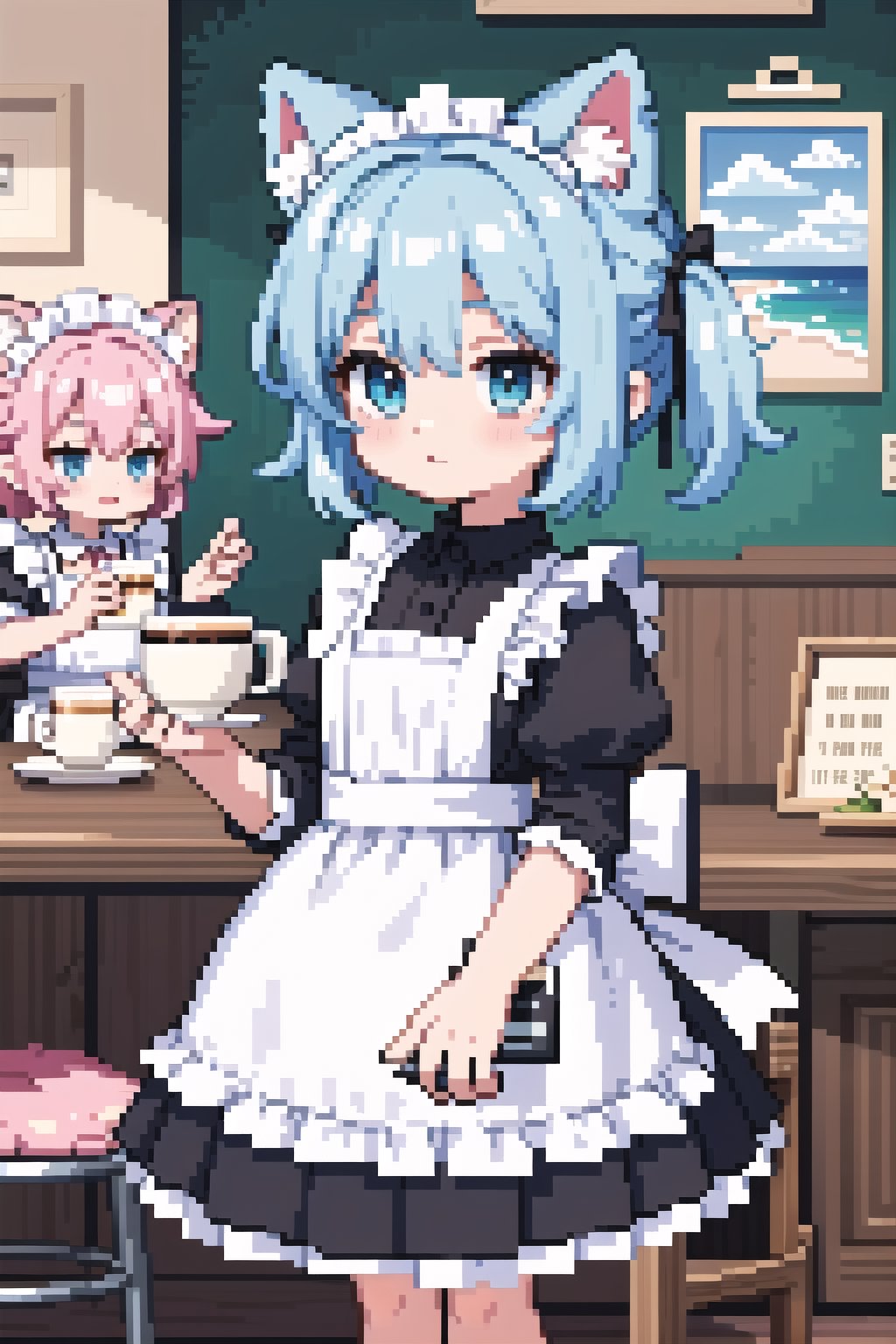 (masterpiece), (2girls), cafe, maid, cat ears, pixels, pixel arts, chibi