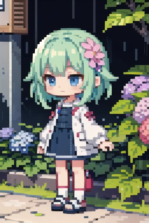 (masterpiece), pixels, pixel arts, chibi, solo, (1girls), hydrangea, rain