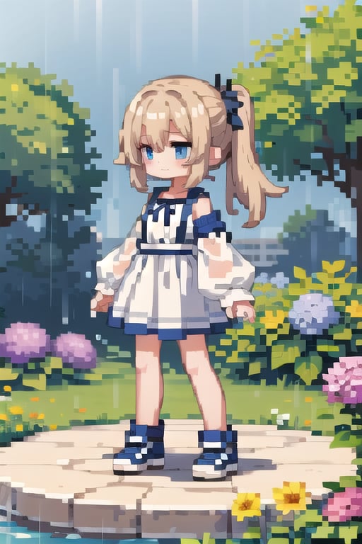 (masterpiece), pixels, pixel arts, chibi, solo, (1girls), hydrangea, rain