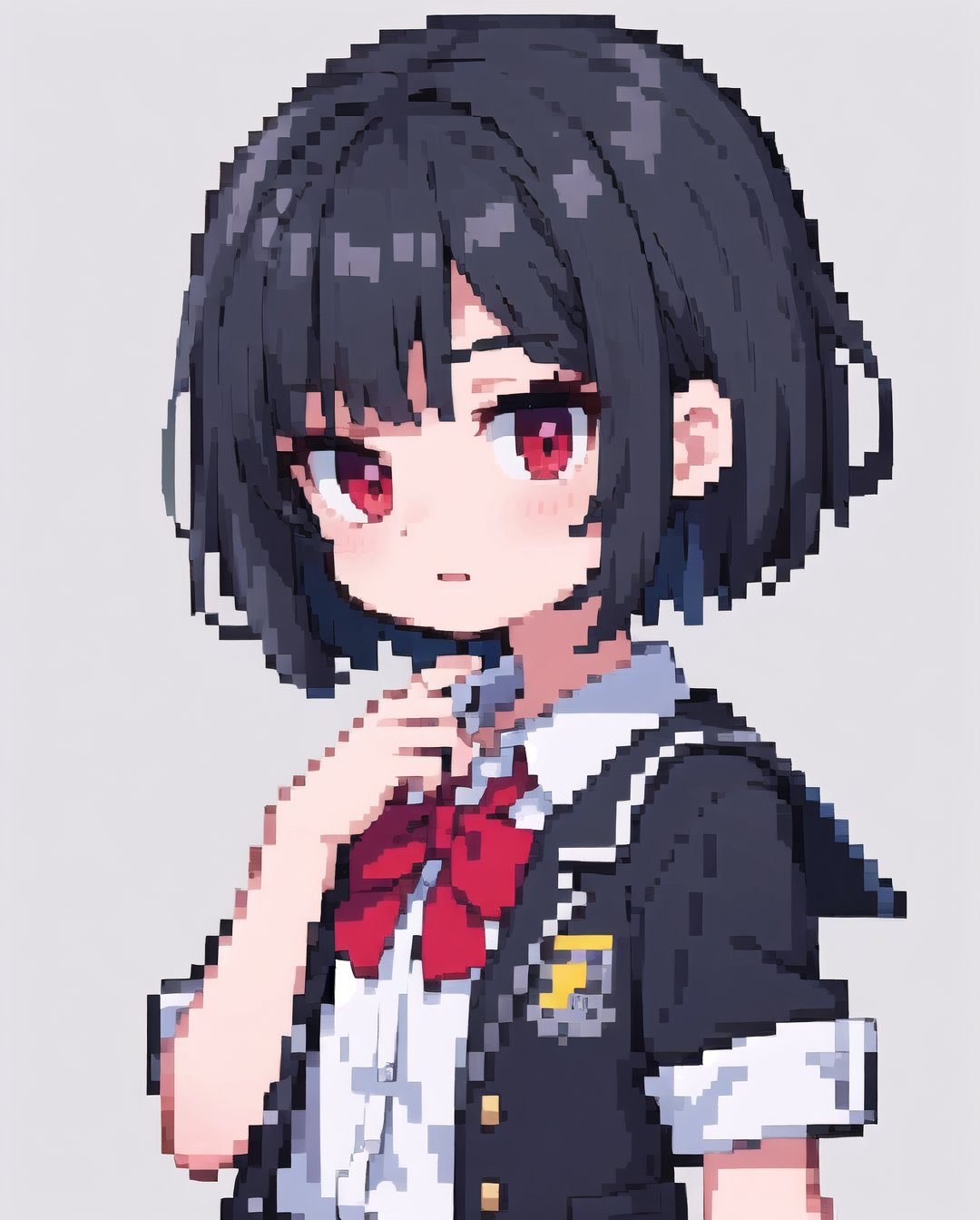 pixel art, 1girl, school uniform, short hair, black hair, red eyes