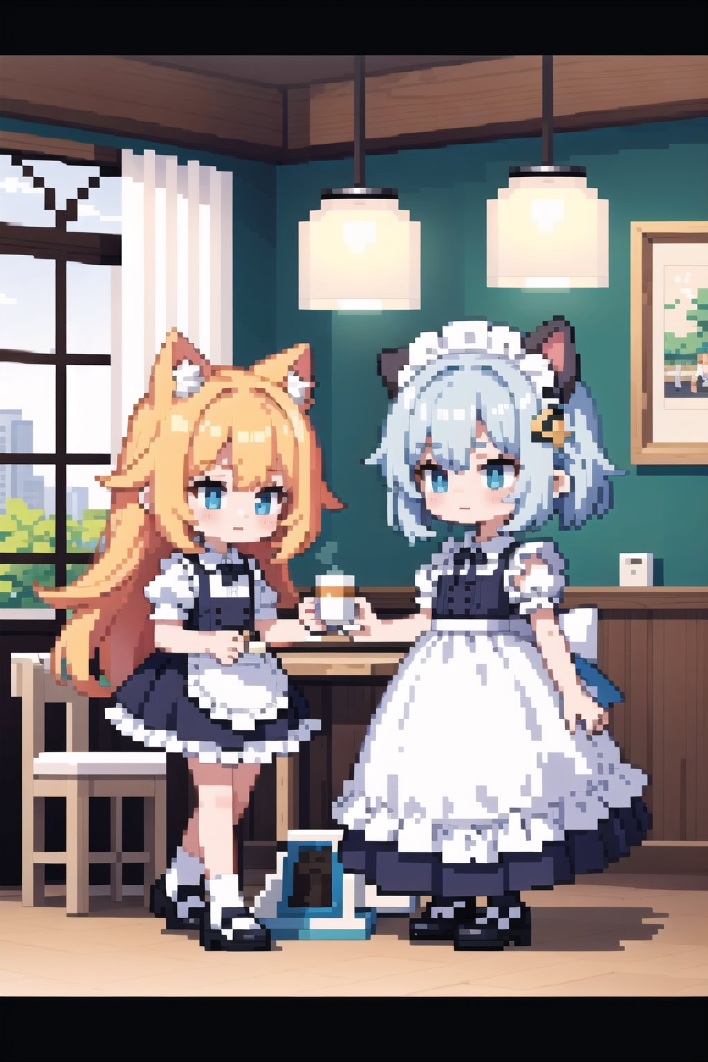 (masterpiece), (2girls), cafe, maid, cat ears, pixels, pixel arts, chibi