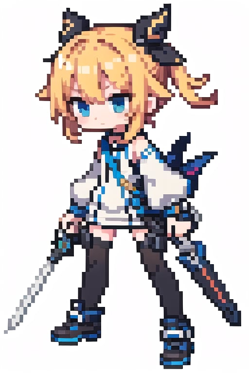 (masterpiece), pixels, pixel arts, chibi, (1girls), white background, weapon