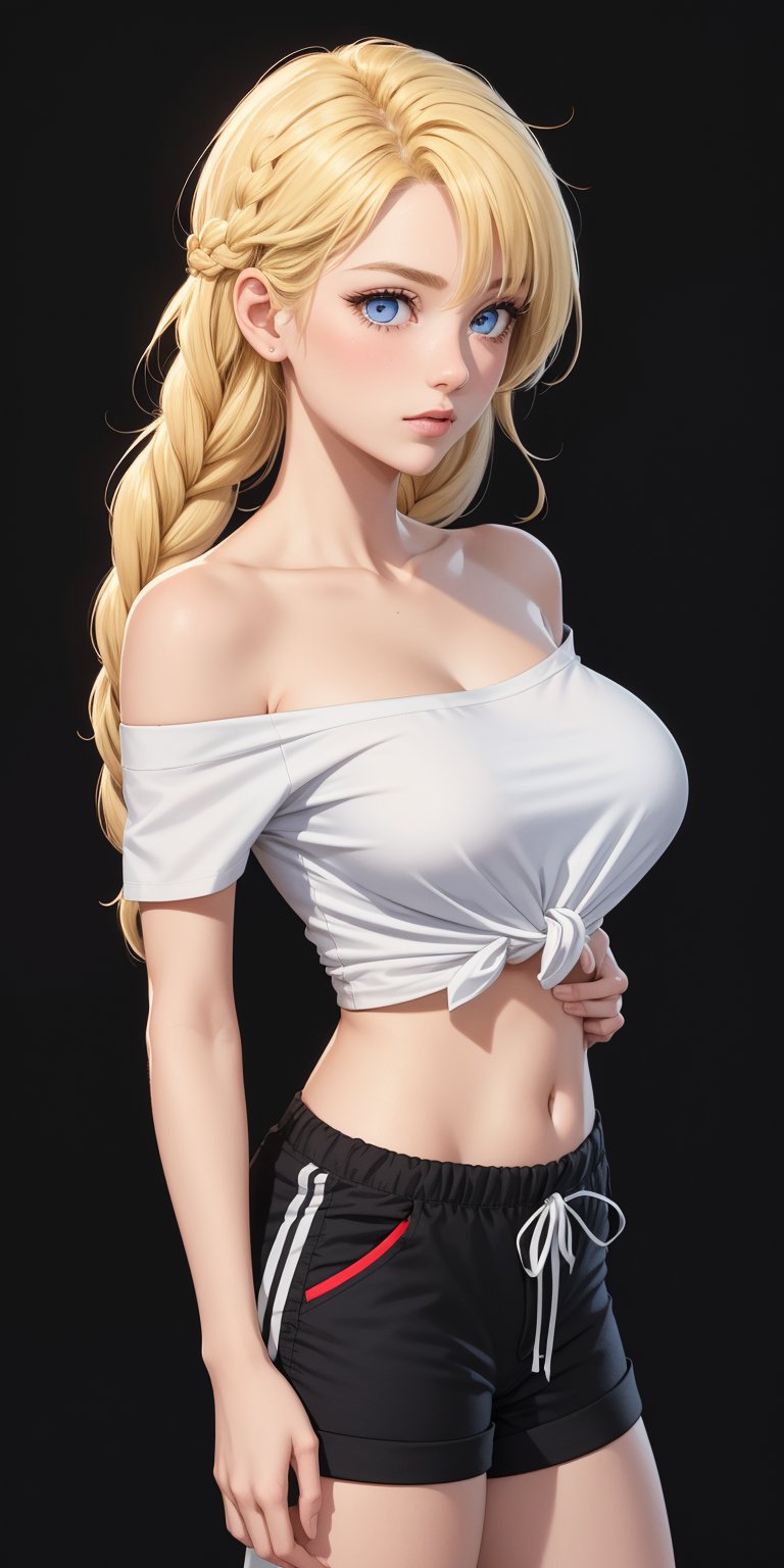 1girl, ((blank background)), vibrant colors, (long_hair, single_braid, blonde_hair, bangs)), light_blue_eyes, large breasts, ((Off_shoulder, strapless, white shirt, tied_shirt, crop_shirt, short_sleeves, short_pants)), ((black background)), thighhigh, half_body_portrait,LCheer 