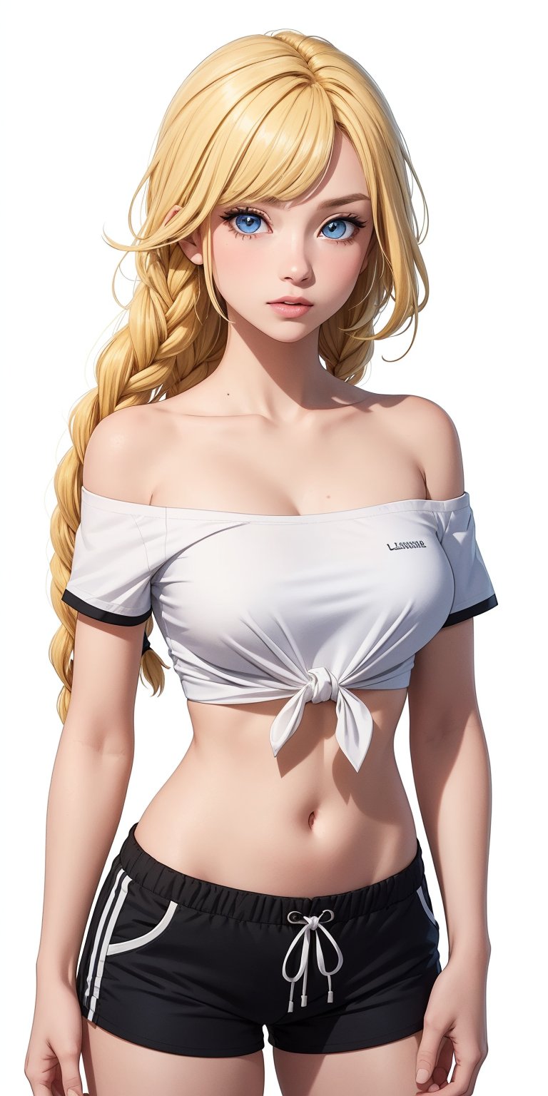 1girl, ((blank background)), vibrant colors, (long_hair, single_braid, blonde_hair, bangs)), light_blue_eyes, large breasts, ((Off_shoulder, strapless, white shirt, tied_shirt, crop_shirt, short_sleeves, short_pants)), ((black background)), thighhigh, half_body_portrait,LCheer 