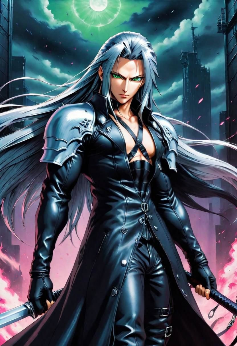 masterpiece, best quality, detailed oil painting, dynamic manga action scene, dark vaporwave background, Sephiroth, coat, pauldrons, fantasy painting