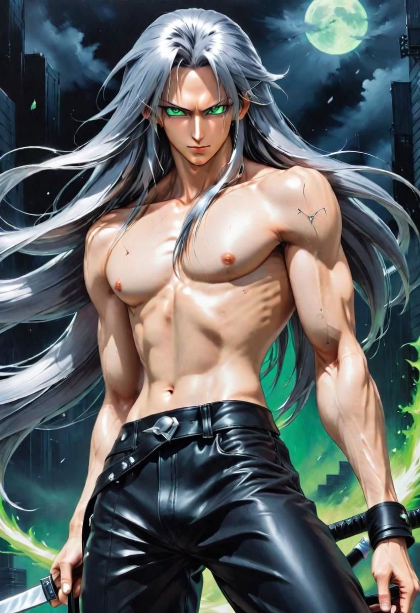 masterpiece, best quality, detailed oil painting, dynamic manga action scene, dark vaporwave background, shirtless, pants, fantasy painting, long silver sephiroth hair, closeup