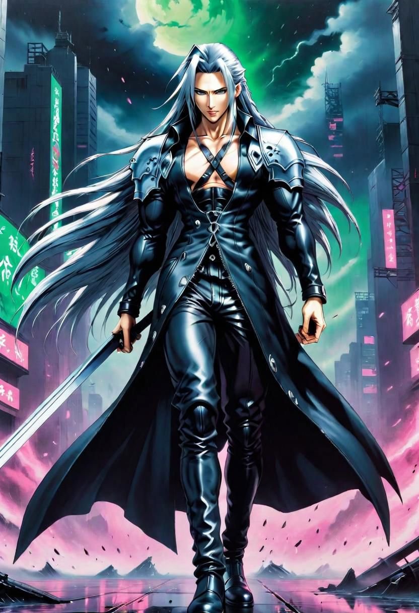 masterpiece, best quality, detailed oil painting, dynamic manga action scene, dark vaporwave background, Sephiroth, coat, pauldrons, fantasy painting