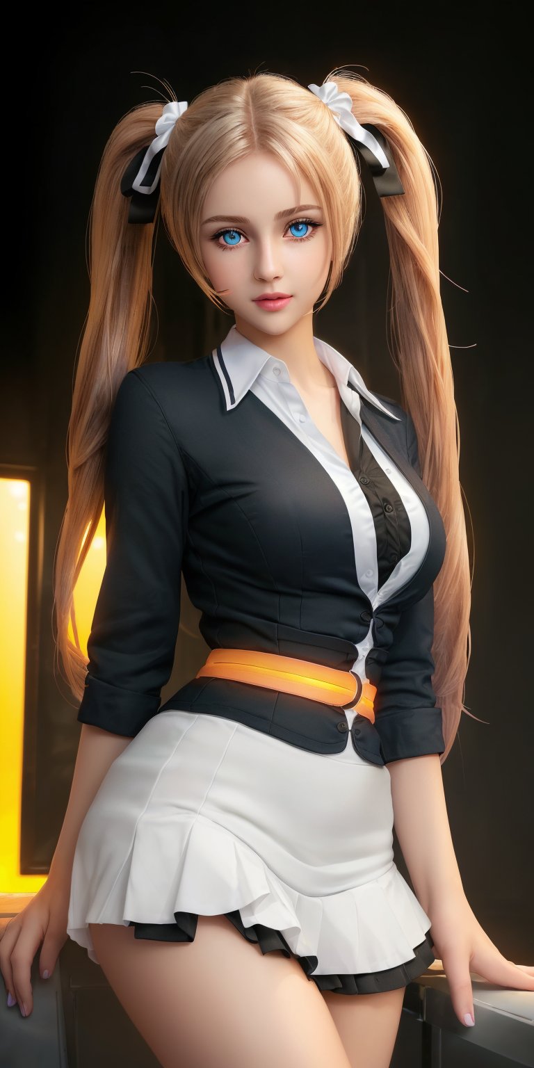 ( High resolution, Fine detail, High-definition CG, high contrast, HDR, official art, volumetric lighting, Backlight, glowing:1.3 ), (fair skin, white skin, best quality, detailed body, 1girls, long twin tails hair, school uniform, waist, long legs, body curve, dynamic pose:1.3), ( innocent face, gorgeous face:1.4), (blue eyes, details eyes, beautiful eyes:1.124), (medium full shot, extremely luminous bright design, autumn lights :1.1),