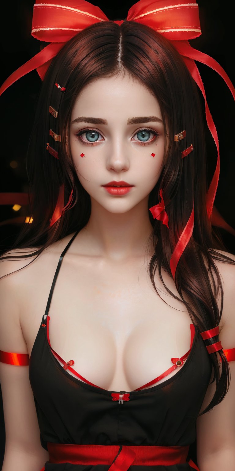 (8k, best quality, masterpiece:1.2),(best quality:1.0), (ultra highres:1.0), (((a beautiful girl, hair clips, red ribbons))), by agnes cecile, from head to waist, (((extremely luminous bright design))), autumn lights, long hair,  big eyes, amazing eyes, details eyes,