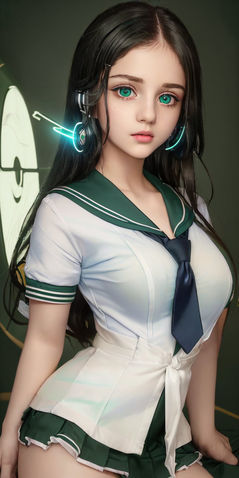 (((8k,  best quality,  masterpiece:1.2), (best quality:1.0),  (ultra highres:1.0))),  realistic,  RAW,  a beautiful loli,  17 years old,  ((hair clips)), ((green white sailor uniform,  school uniform,  tie,  small round breast)),  from head to waist,  extremely luminous bright design,  neon lights,  long hair,  amazing eyes,  details eyes,  (((dynamic pose))),  ((dark blue background)),,,