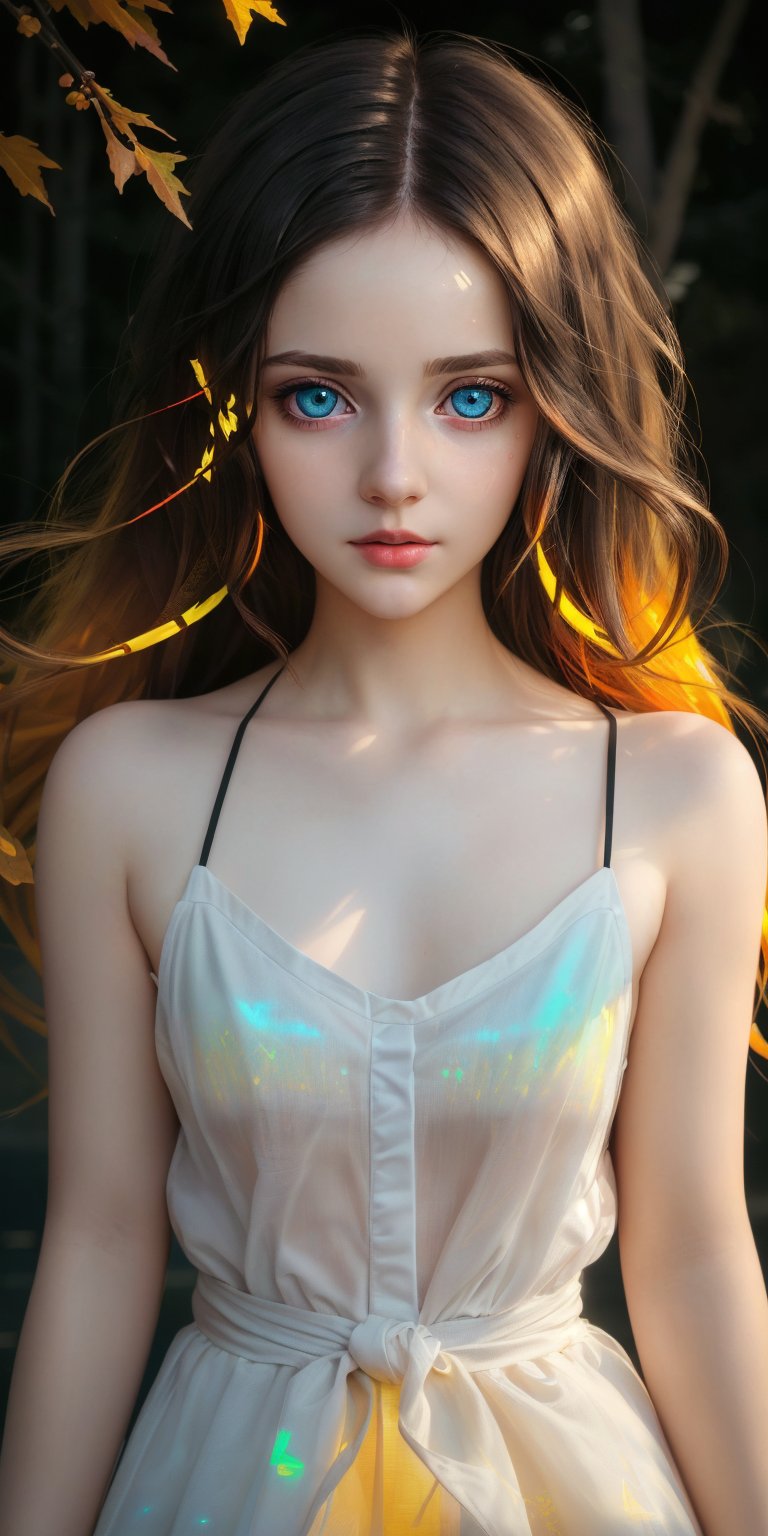 (8k, best quality, masterpiece:1.2),(best quality:1.0), (ultra highres:1.0), a beautiful loli, hair ribbons, by agnes cecile, from head to waist, (((extremely luminous bright design))), autumn lights, long hair,  big eyes, amazing eyes, details eyes,