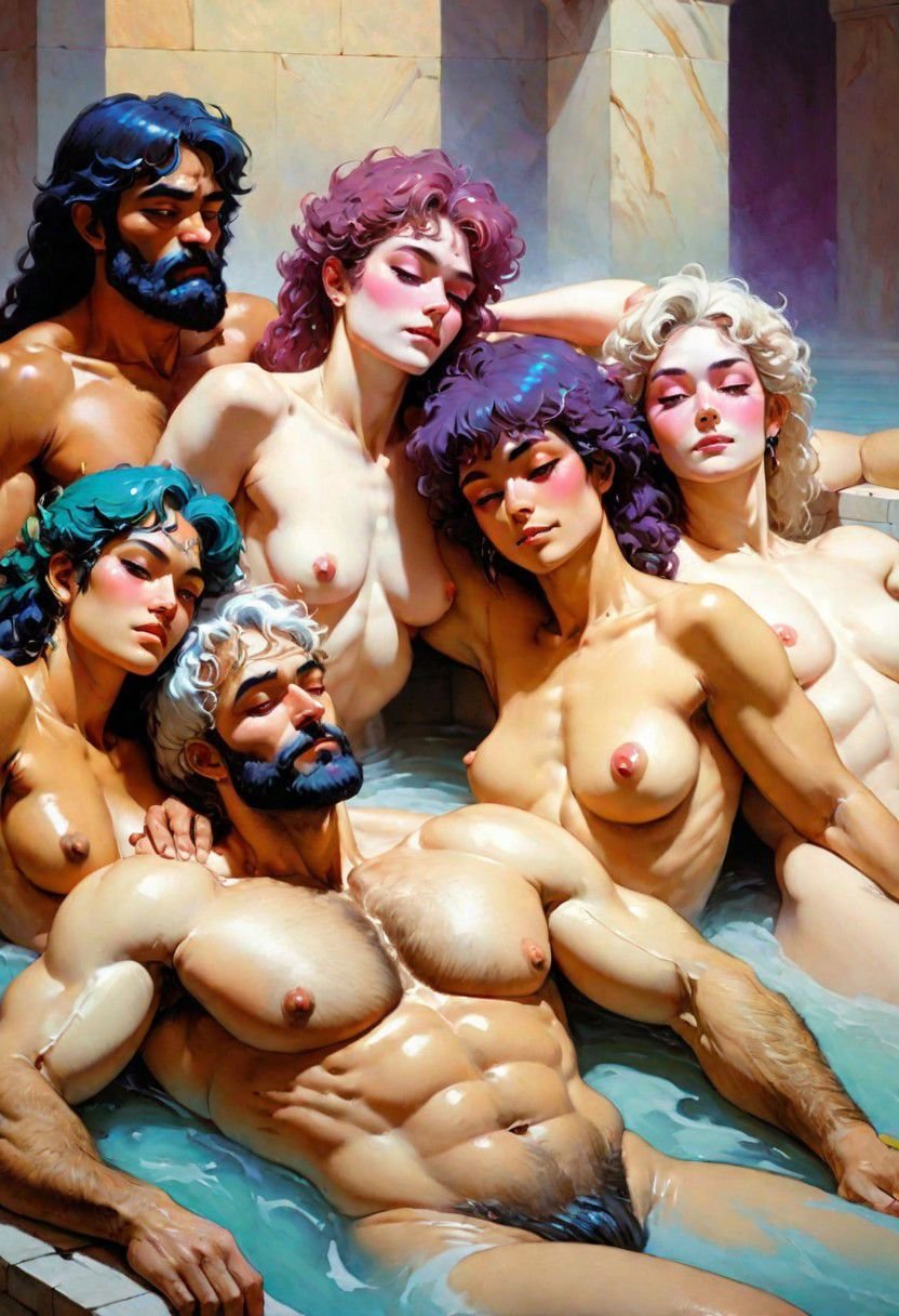 masterpiece by frank frazetta, dark vaporwave color palette, artful painting of a gorgeous diverse queer group lying together in a public bath, hairy armpits, small tits, puffy nipples, feminine, masculine, penis, androgynous