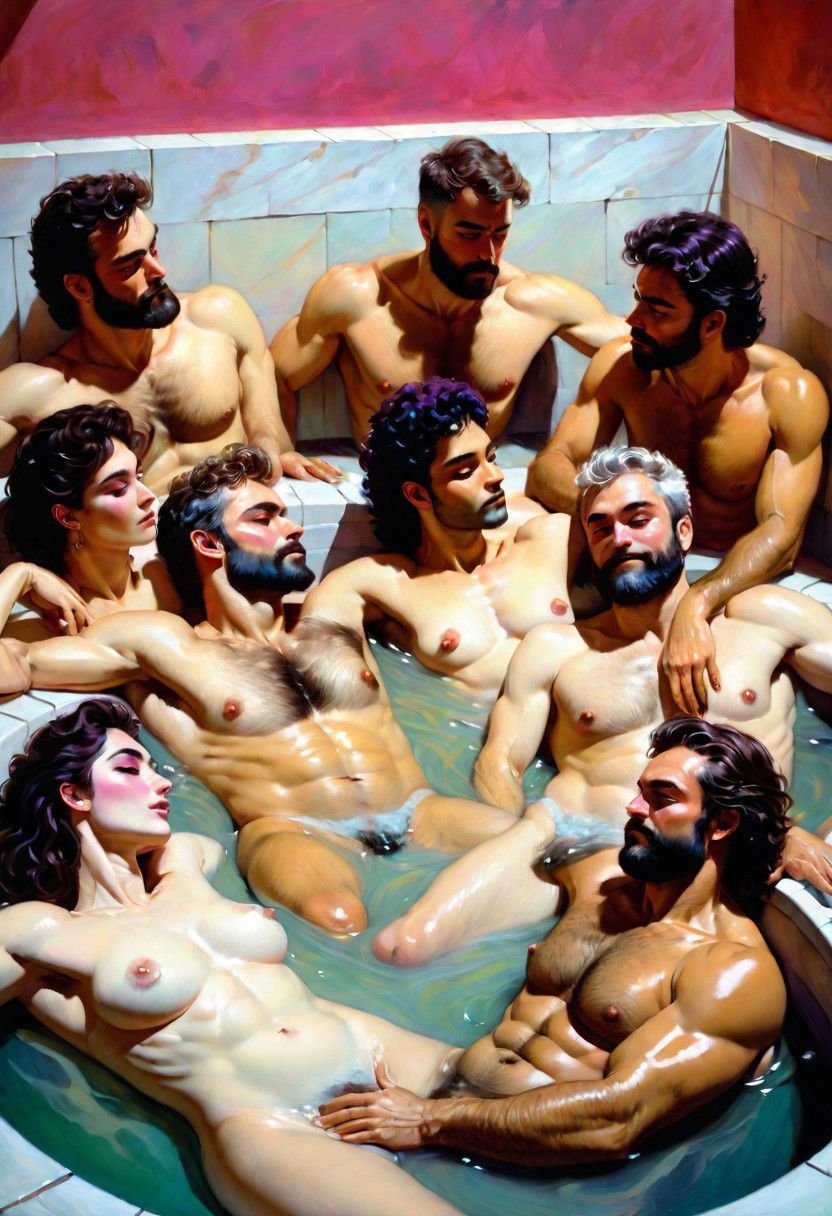 masterpiece by frank frazetta, dark vaporwave color palette, artful painting of a gorgeous diverse queer group lying together in a public bath, hairy armpits, small tits, feminine, masculine, penis, androgynous