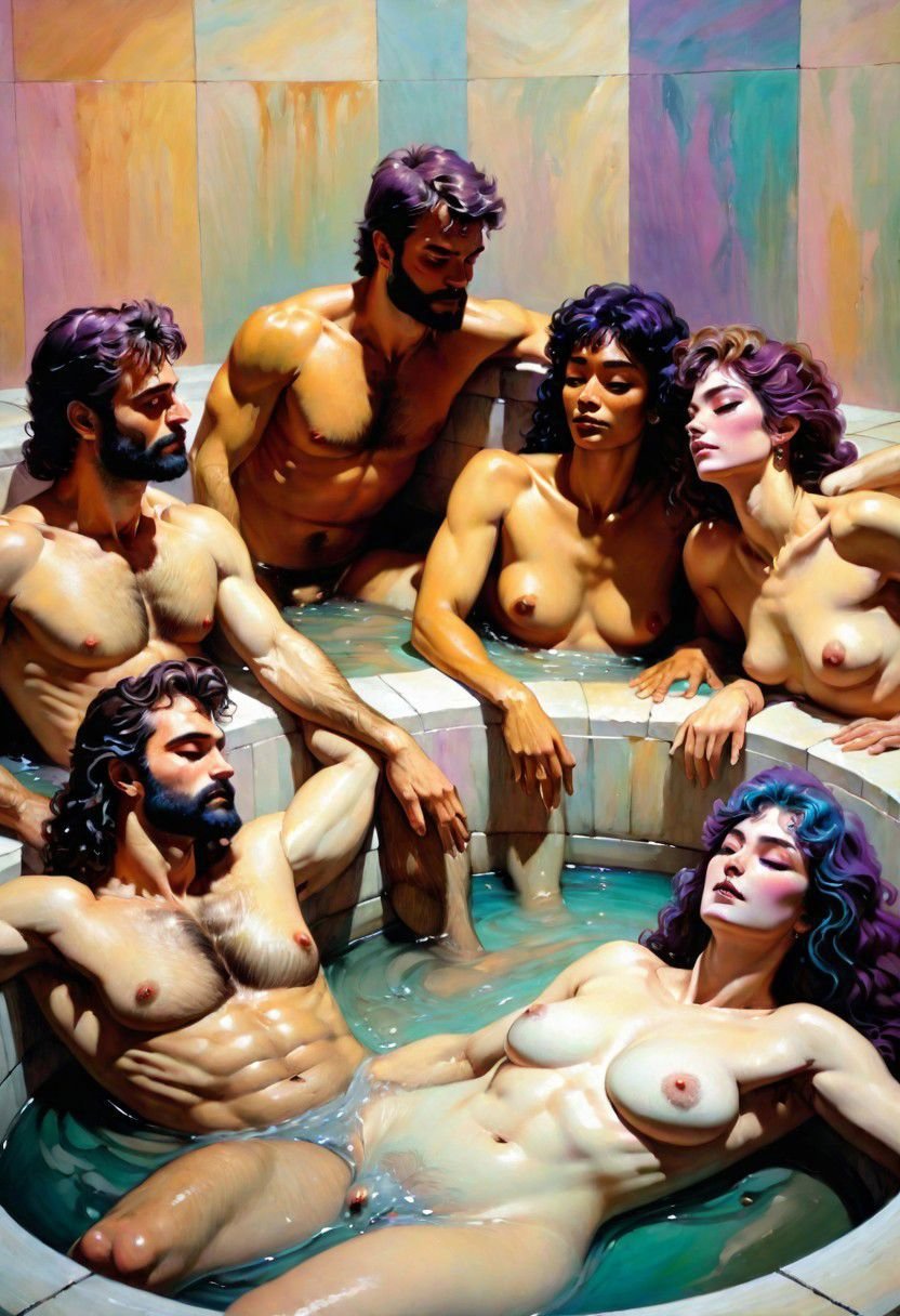 masterpiece by frank frazetta, dark vaporwave color palette, artful painting of a gorgeous diverse queer group lying together in a public bath, hairy armpits, small tits, feminine, masculine, penis, androgynous