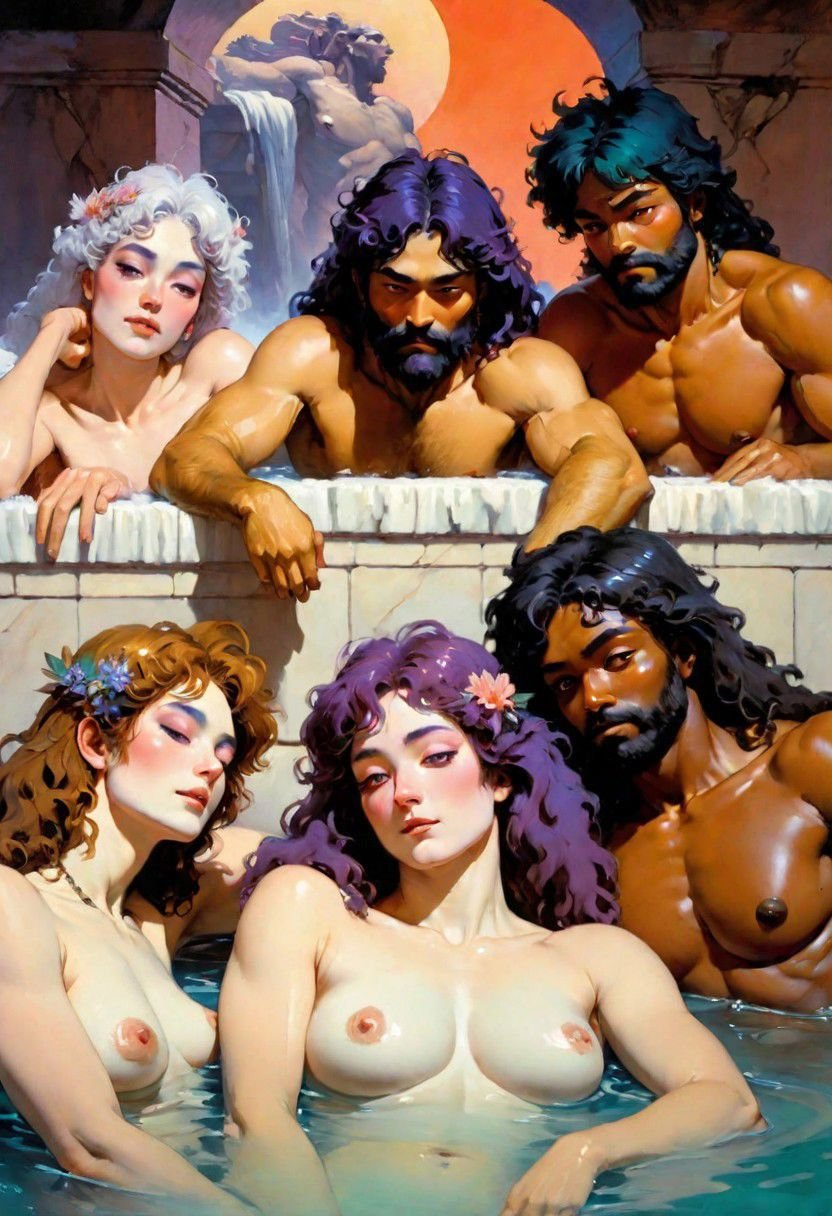 masterpiece by frank frazetta, dark vaporwave color palette, artful painting of a gorgeous diverse queer group lying together in a public bath, hairy armpits, small tits, puffy nipples, feminine, masculine, penis, androgynous