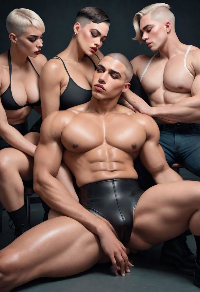 dark luminous color palette with dark reflective surfaces, two feminine figures and one masculine figure, sitting down shoulder to shoulder and touching and kissing each other, medium portrait range shot with all subjects in frame, a mixed group of beautiful bulky muscular thicc androgynous queer friends with short polished buzzcut hairstyles and diverse body types posing playfully while wearing leather thongs and jockstraps in a vaporwave style tiled liminal space, leather fetish, leather daddy, boys, bending over showing ass, slick oiled skin, penis, pubic hair, hairy armpits, translucent, transparent, fetish, latex