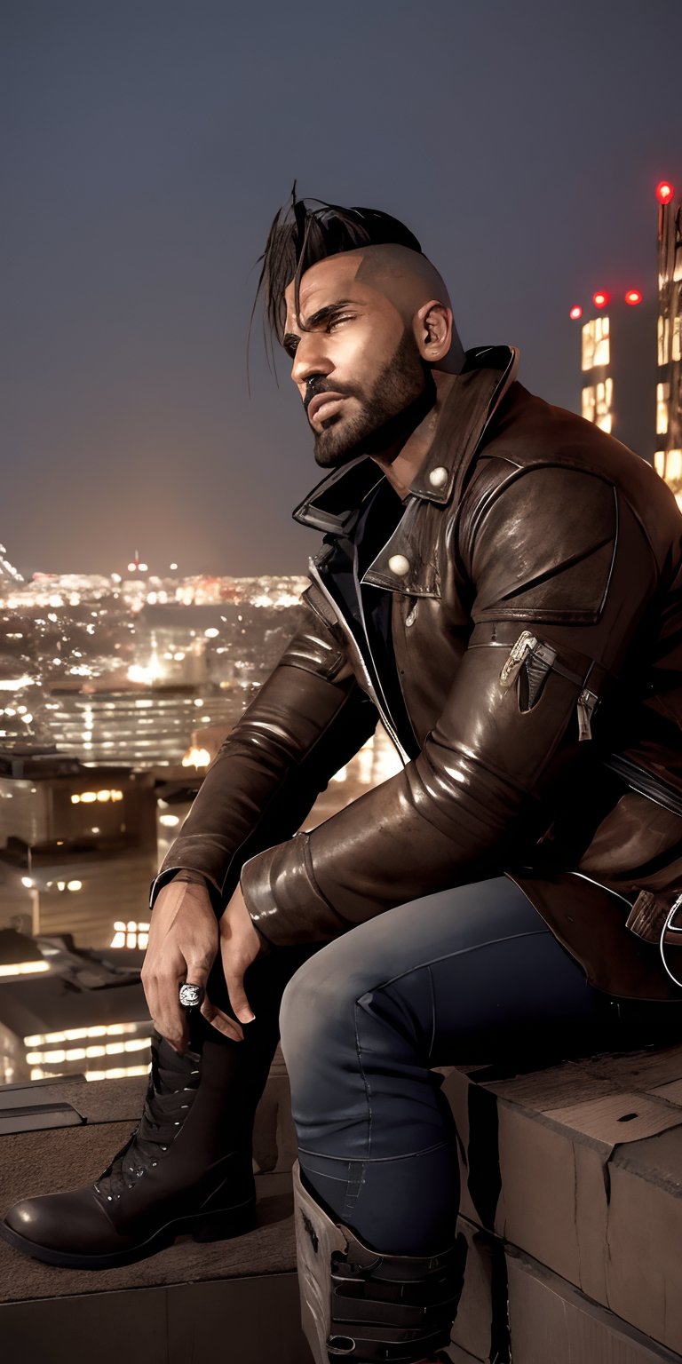   A weathered soldier in a worn leather bomber jacket and combat boots, gazing out over a desolate cityscape from a rooftop, moonlight highlighting his determined expression. (cinematic, dystopian, detailed)
,Detailedface,photorealistic,Realism,rugged_