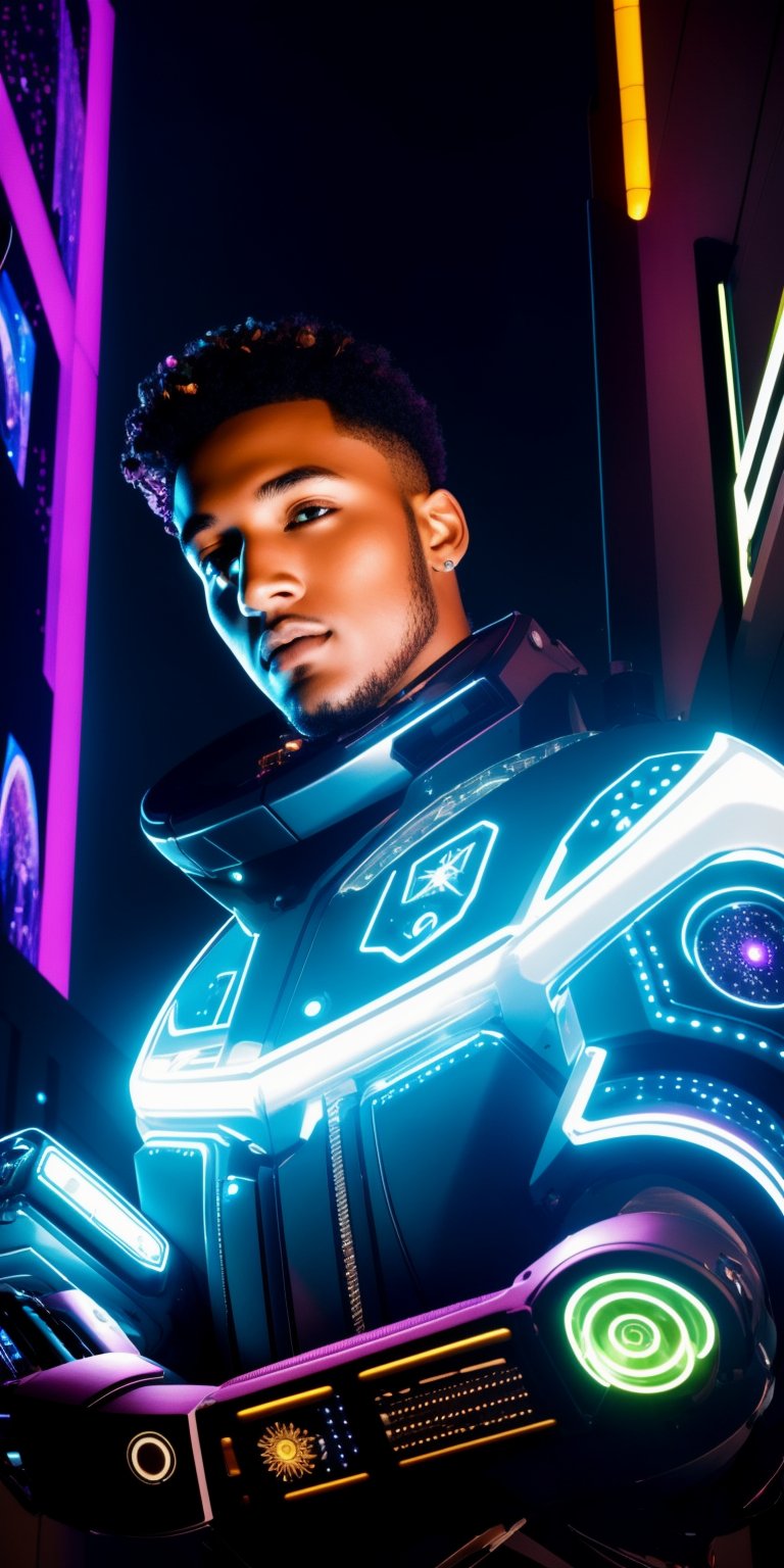 A young man with cybernetically enhanced arm holding a blossoming bioluminescent flower, gazing at the moon through towering holographic advertisements, longing for a touch of natural beauty. (cinematic, cyberpunk, detailed, romantic)
,Detailedface,photorealistic,Realism,rugged_,Masterpiece