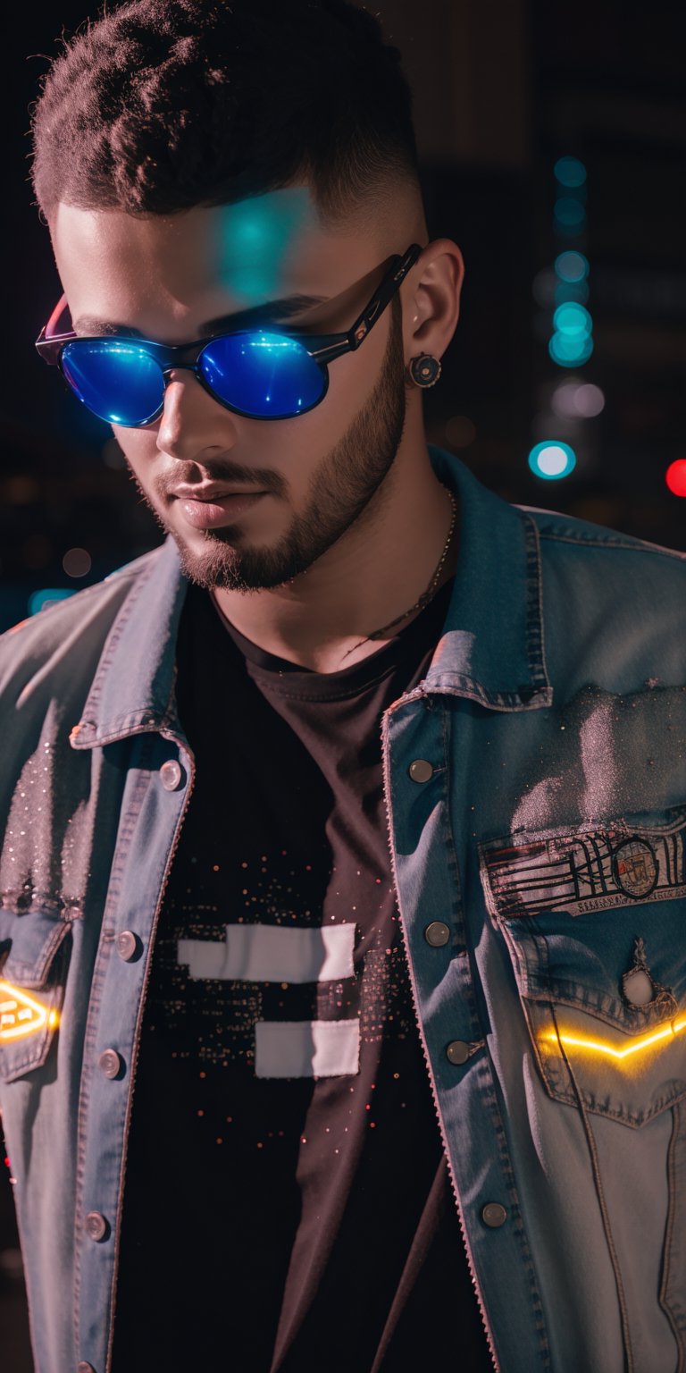  A young man in ripped jeans and a faded band tee, his jacket adorned with glitching LED patches, reflecting the distorted reality of the cyber city. (cinematic, artistic, detailed)
,Detailedface,photorealistic,Realism,rugged_