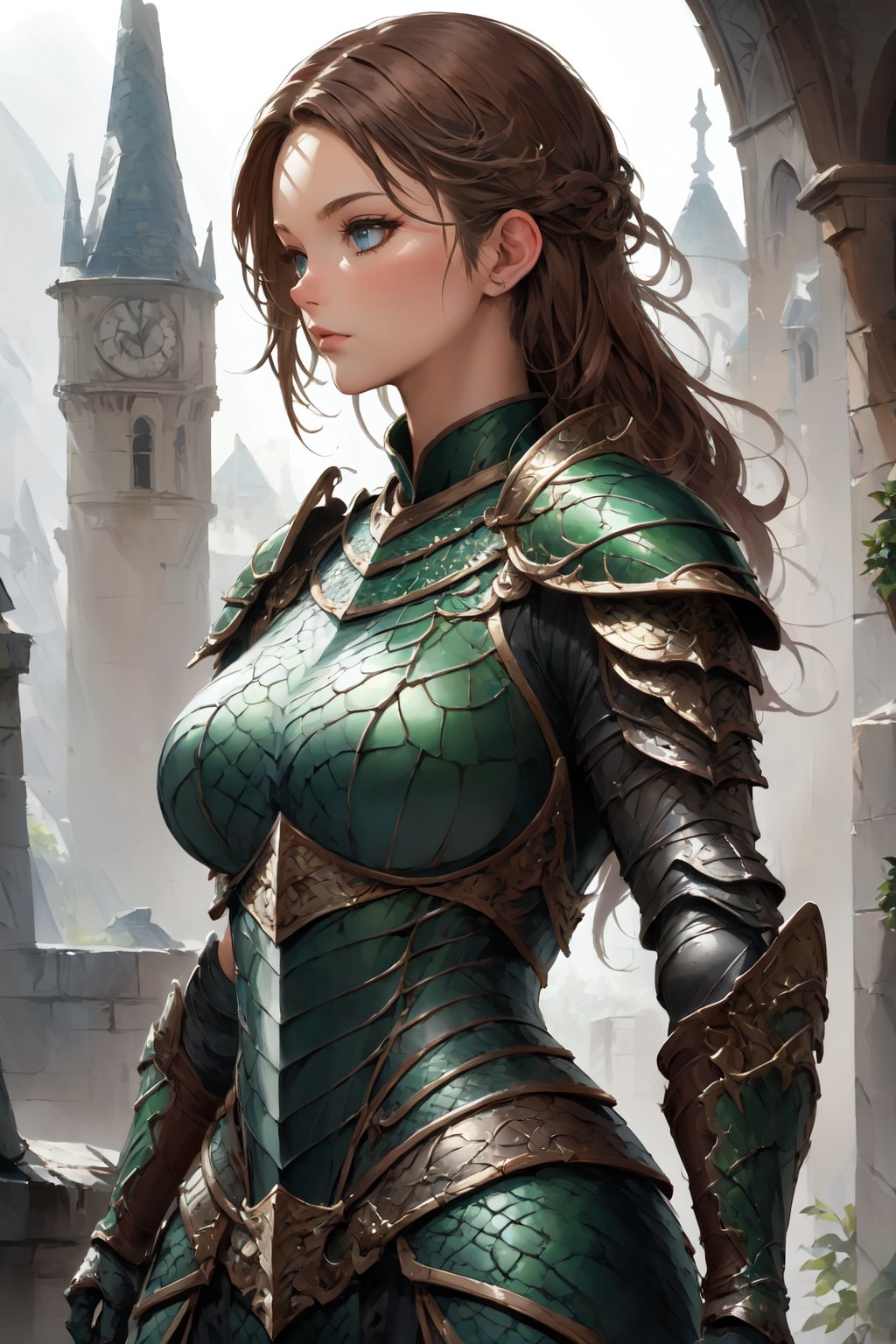 (((Top Quality: 1.4))), (Unparalleled Masterpiece), (Ultra High Definition), (Art by Carne Griffiths), (Ultra-Realistic 8k CG), official art,attractive posing, female gladiator, stunningly beautiful cleaned face,highly detailed armor , messy Hair,  muscular_body:1.4, tanned skin:1.4,,large breasts,( stone buildings background),sunlight makes beautiful gradient of shadow and adds depth to image, (muted colors, dim colors, muted tones: 1.3), low saturation, (hyper detail: 1.2), perfect anatomy,(upper body image :1.5),Female,dragon armor